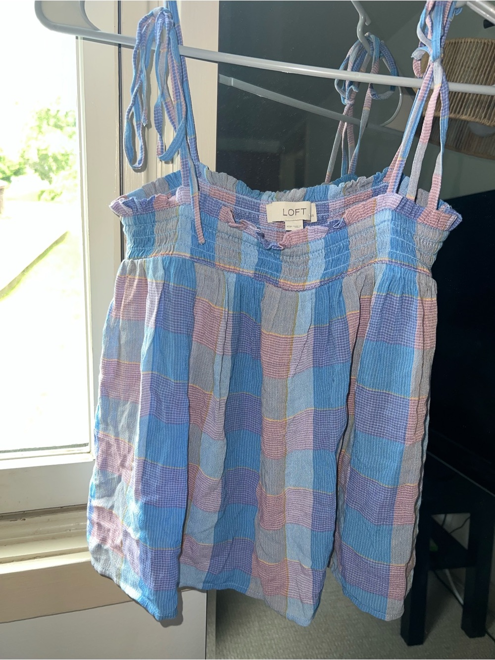 LOFT Pastel Plaid Smocked Tie-Strap Tank in Blue, Pink & Lavender